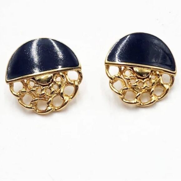 Monet Vintage Gold Tone Navy Blue Enamel Surrounded Chain Stud Earrings - Picture 1 of 5